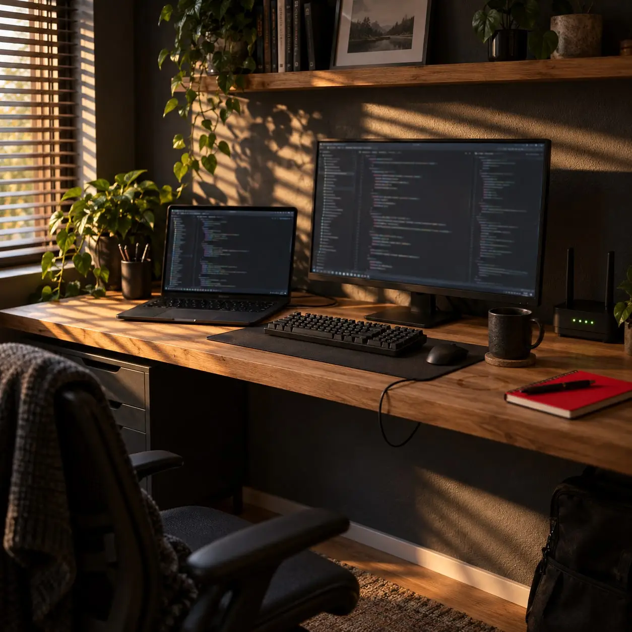 Bureau d’indépendant éclairé par le soleil à travers des stores : ordinateur portable et écran affichant du code, clavier, routeur et carnet rouge.
