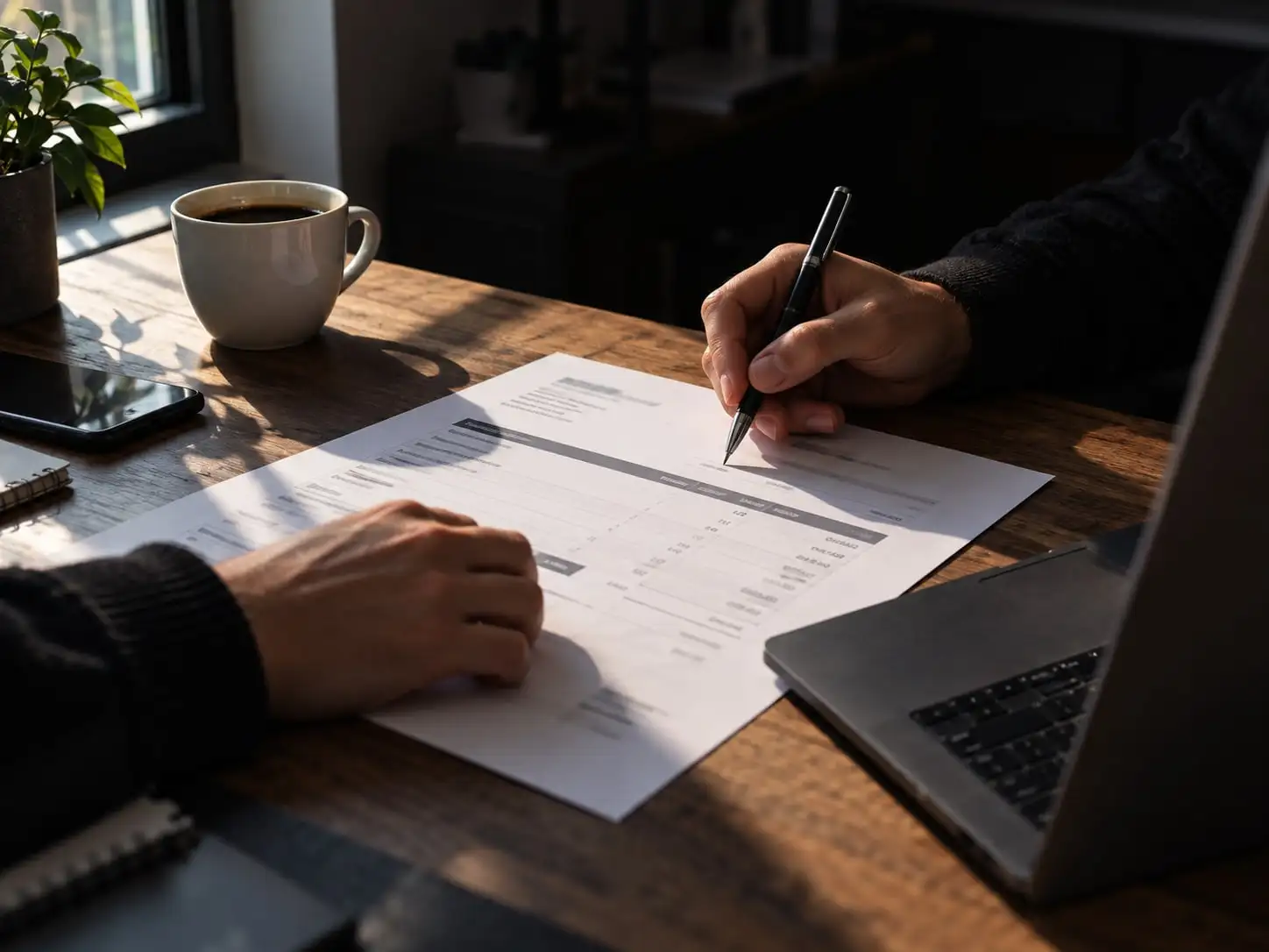 Mains tenant un stylo au-dessus d’un devis imprimé, sur un bureau en bois, à côté d’un ordinateur portable et d’une tasse de café.