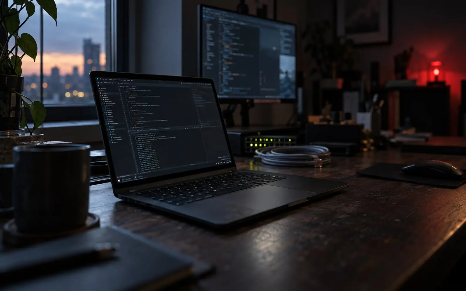 Ordinateur portable ouvert sur un éditeur de code, écran et switch réseau aux voyants verts en arrière-plan, sur un bureau en bois sombre au crépuscule.