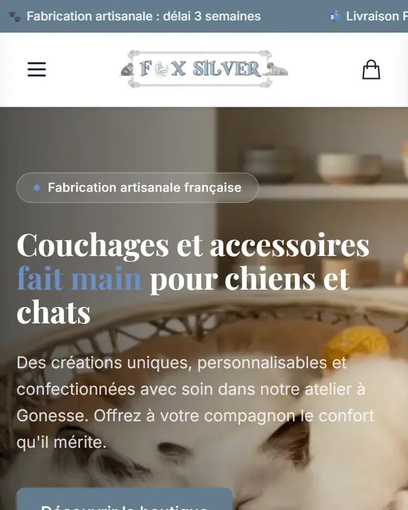 Version mobile de l’accueil de foxsilver.fr : bandeau d’informations de livraison, logo Fox Silver et visuel des chatons dans leur panier.