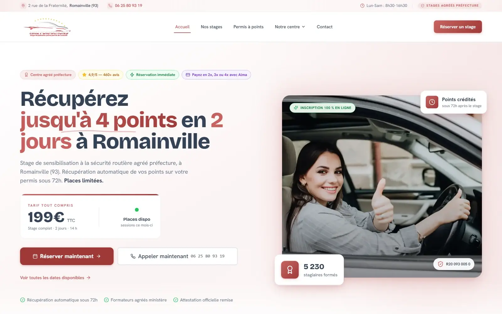 Page d’accueil de haiz-formations.fr : titre « Récupérez jusqu’à 4 points en 2 jours à Romainville », tarif tout compris, boutons Réserver maintenant et Appeler maintenant, photo d’une conductrice au volant.