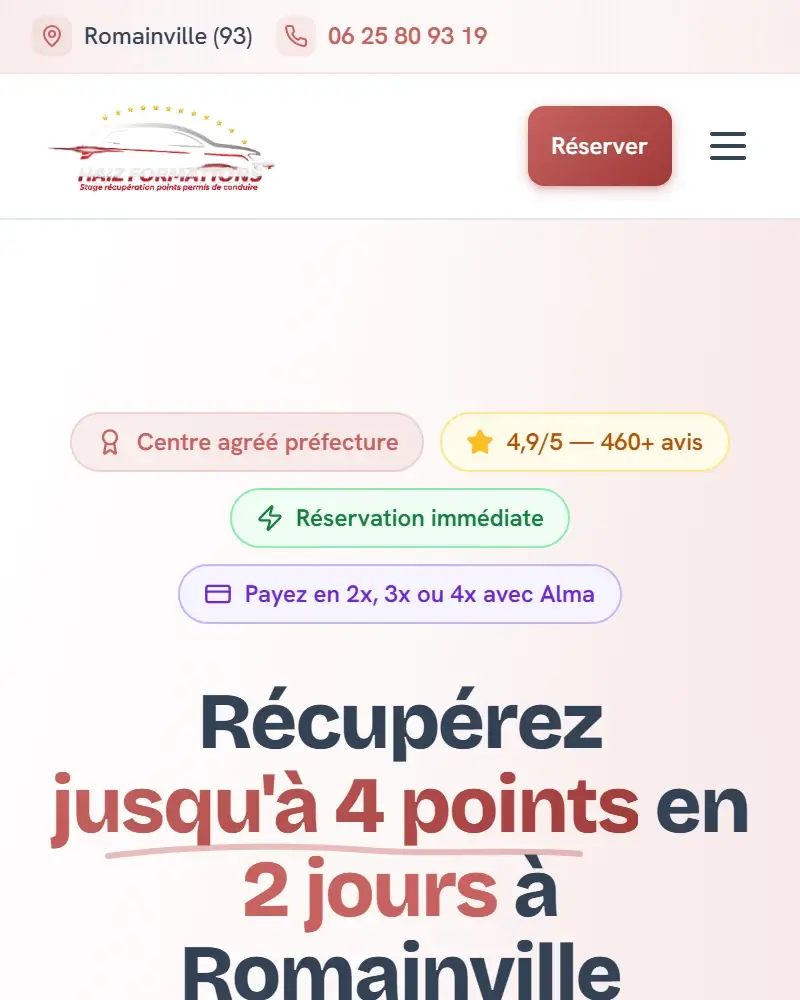 Version mobile de l’accueil de haiz-formations.fr : coordonnées, logo, bouton Réserver, badges Centre agréé préfecture et Réservation immédiate.